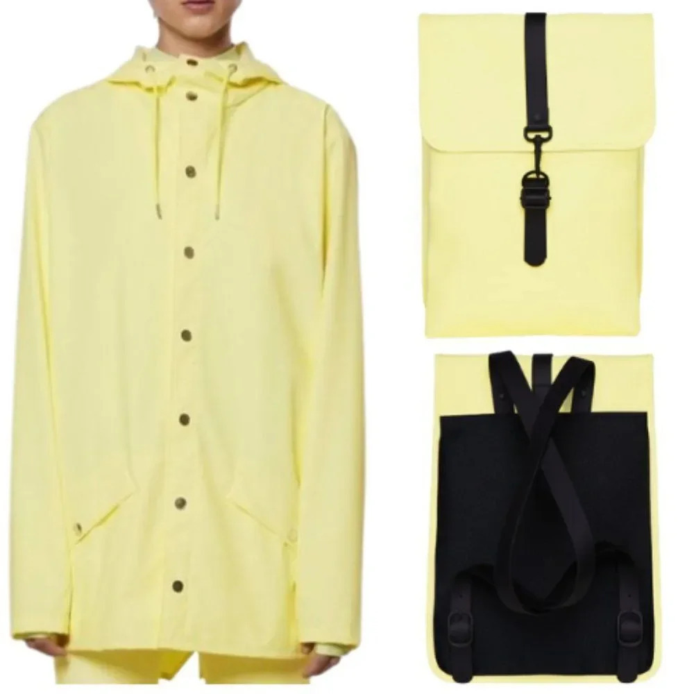 Rains Women's Straw Mini Waterproof Backpack & Button Down Long Jacket -Set Of 2